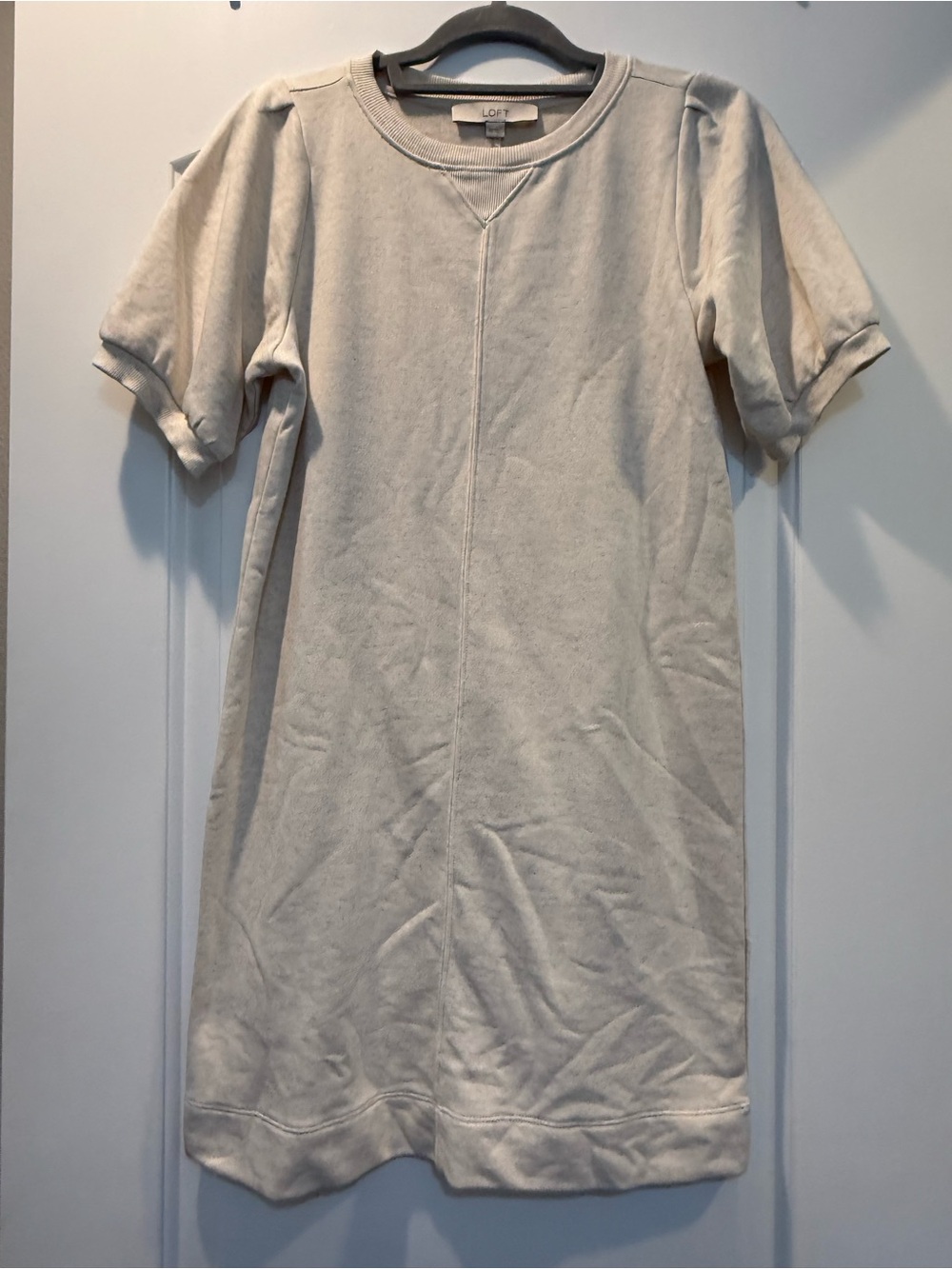 LOFT Short Sleeve Crewneck Sweatshirt Dress in Light Beige - Picture 1 of 3